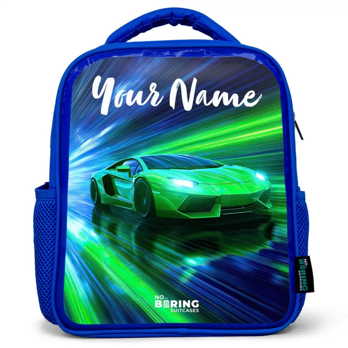 Sportauto - Groen - Snelheidslijnen - Neon Kinderrugzak - Blauw middel -3d
