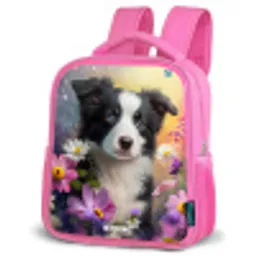 zwart witte puppy tussen kleurrijke bloemen Kinderrugzak - Roze middel -schuin