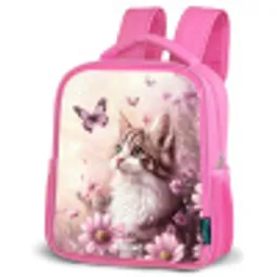 Kat - Paars - Vlinders - Bloemen Kinderrugzak - Roze middel -schuin