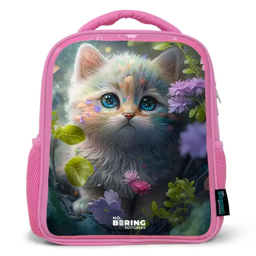 Kitten verstopt achter bloemen Kinderrugzak - Roze middel -3d
