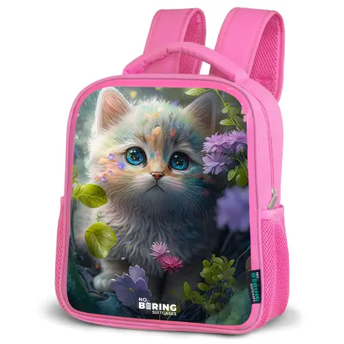 Kitten verstopt achter bloemen Kinderrugzak - Roze middel -schuin