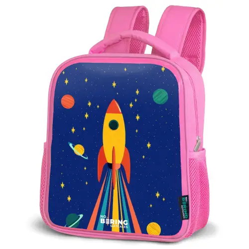 Raket - Sterren - Planeet - Ruimte Kinderrugzak - Roze middel -schuin