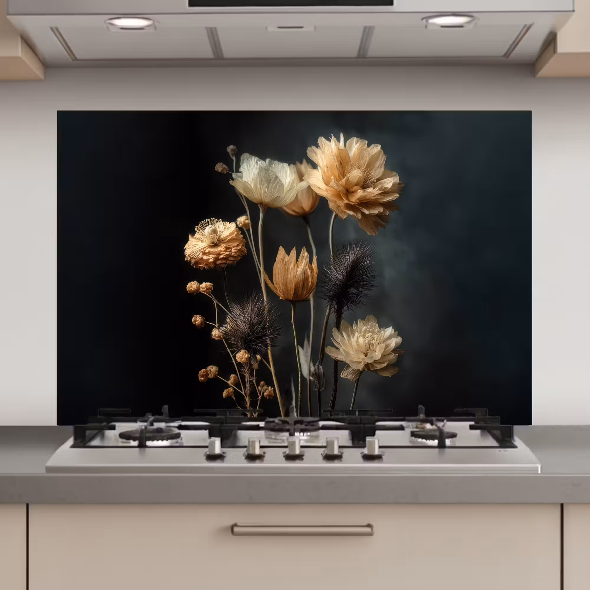 Kitchen Splashback - Bouquet - Flowers - Light - Black