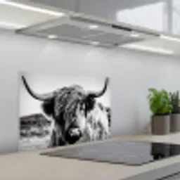 Koe - Schotse hooglander - Zwart - Wit - Dier - Natuur - Wild keuken achterwand spatscherm klein -3d_schuin