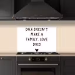 Engelse quote "DNA doesn't make a family, love does" met een hartje op een witte achtergrond keuken achterwand spatscherm klein -sfeer1