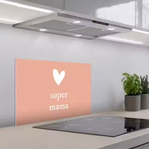 Presentje voor Moederdag super mama lichtroze/wit keuken achterwand spatscherm klein -3d_schuin