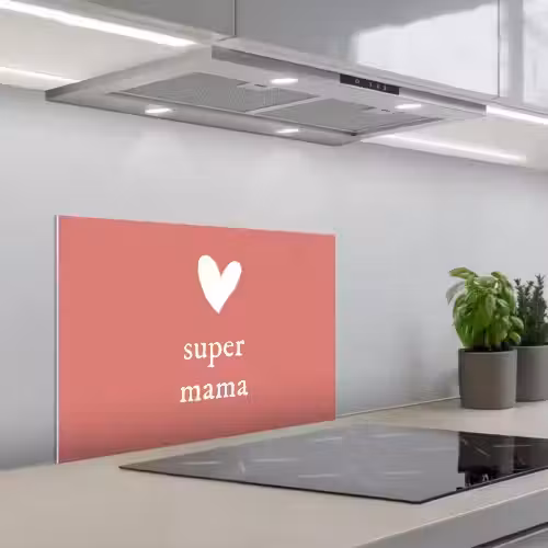 Presentje voor Moederdag super mama roze/wit keuken achterwand spatscherm klein -3d_schuin