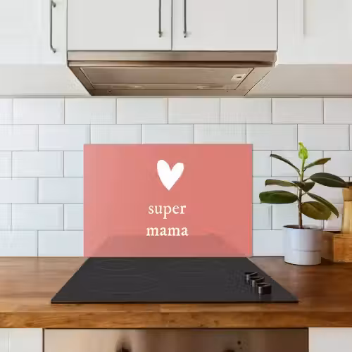 Presentje voor Moederdag super mama roze/wit keuken achterwand spatscherm klein -sfeer2