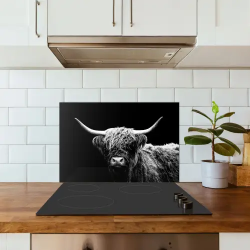 Schotse Hooglander - Koe - Zwart - Wit - Dieren keuken achterwand spatscherm klein -sfeer2