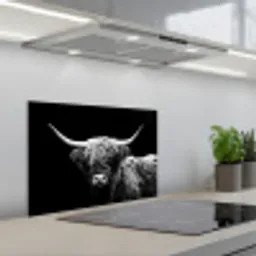 Schotse Hooglander - Koe - Zwart - Wit - Dieren keuken achterwand spatscherm klein -3d_schuin