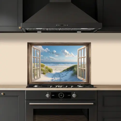 Doorkijk - Strand - Raam - Duinen - Zee keuken achterwand spatscherm klein -sfeer1