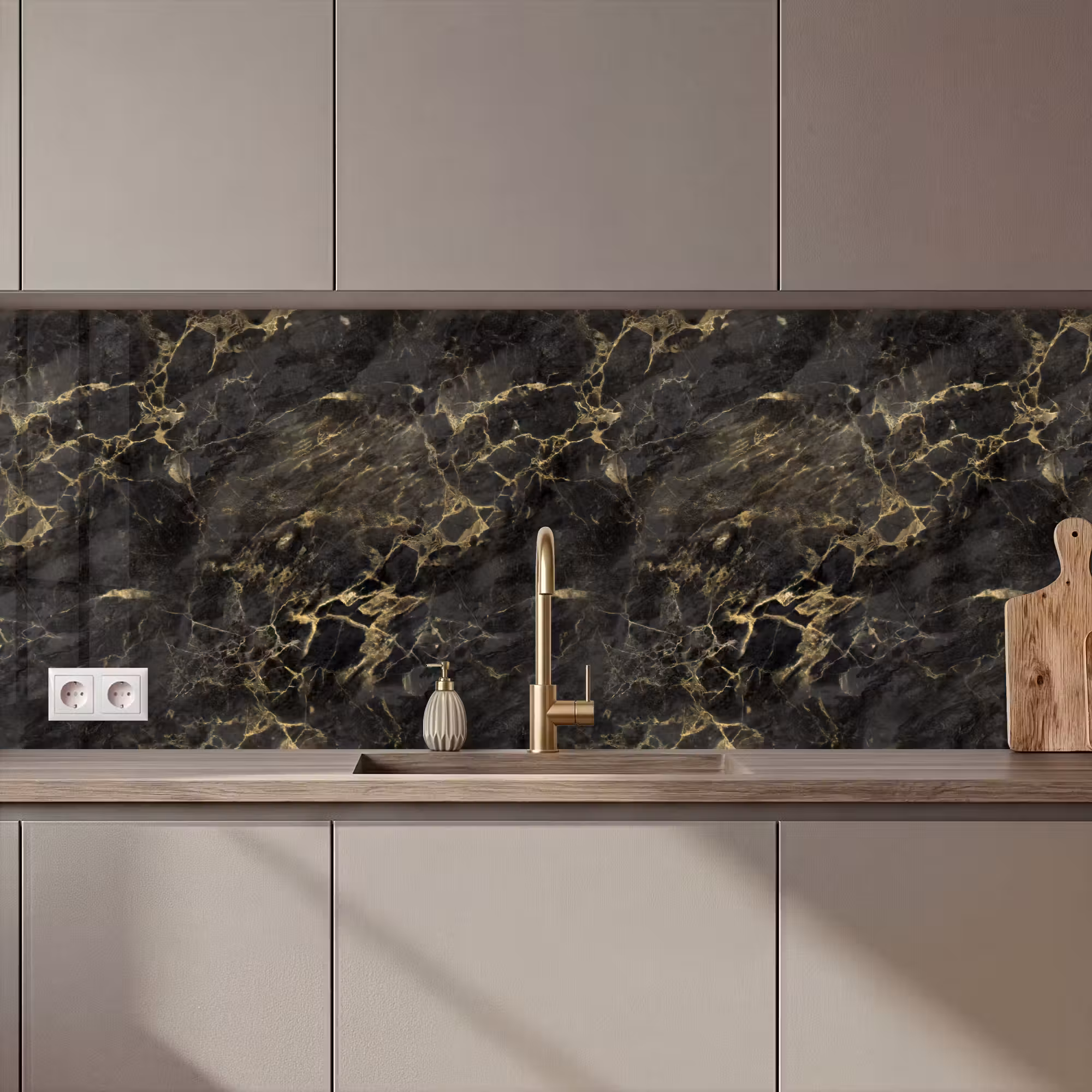 Kitchen Wall Splashback - Black - Marble - Gold - Nerf