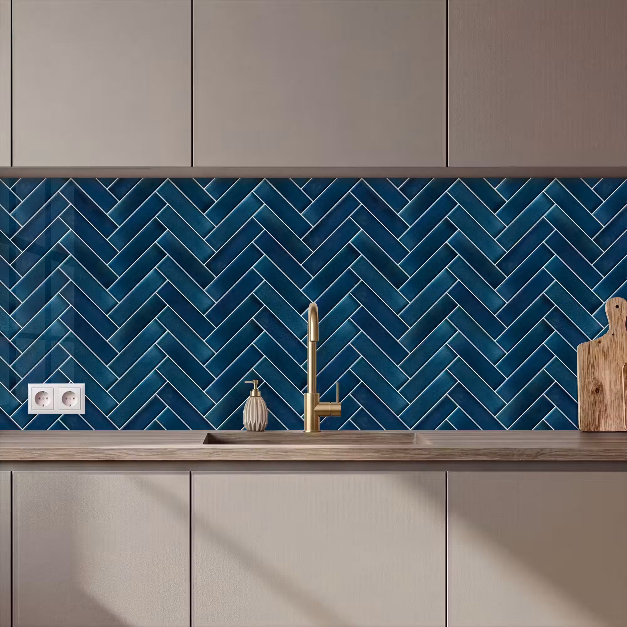 Kitchen Wall Splashback - Herringbone pattern - Tiles - Deep blue