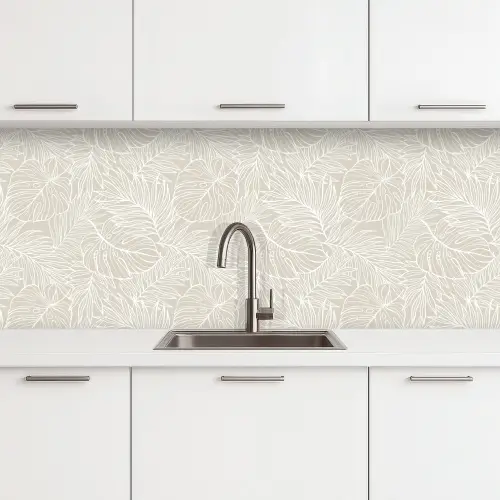 Bladeren - Beige - Monstera - Palm keuken achterwand 2 middel -3d