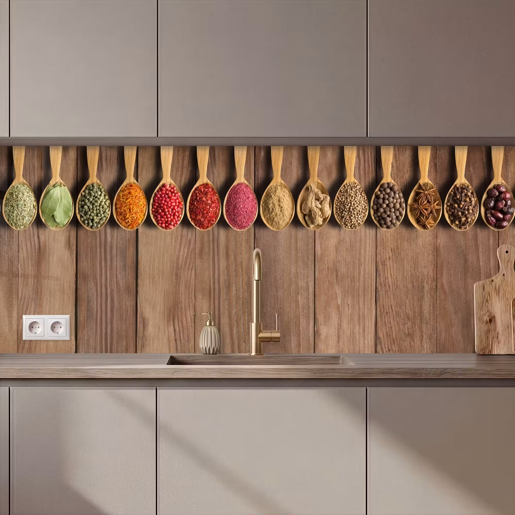 Kitchen Wall Splashback - Spoons - Herbs - Wood
