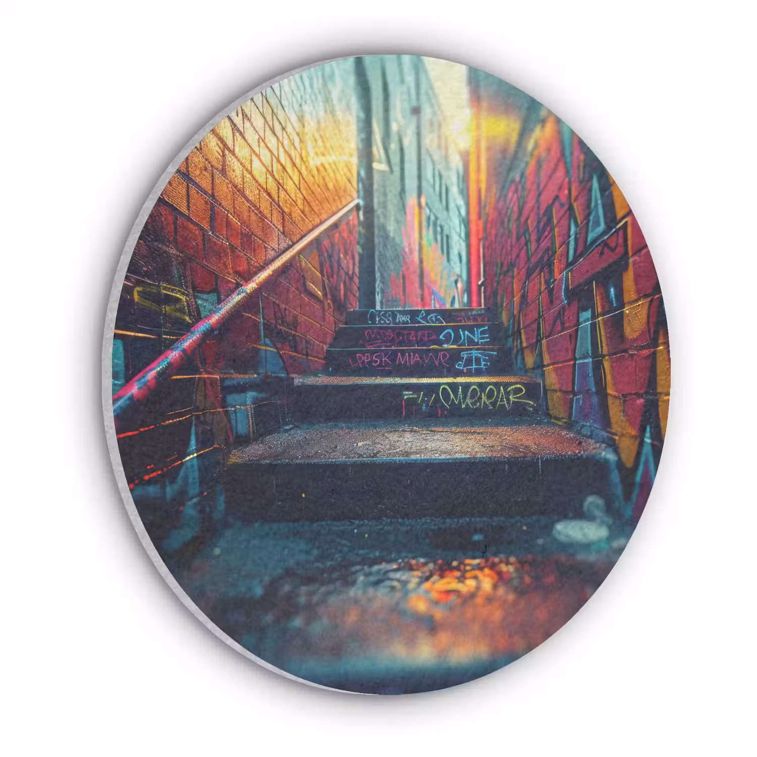 Architectuur - Neon - Trap - Graffiti Akoestische PET Vilt - Rond klein -3d