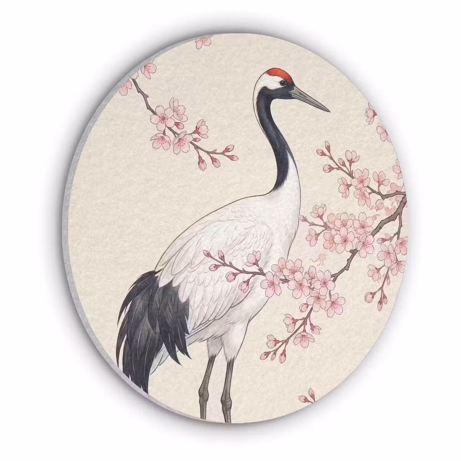 Aziatisch - Kraanvogel - Beige Akoestische PET Vilt - Rond klein -3d