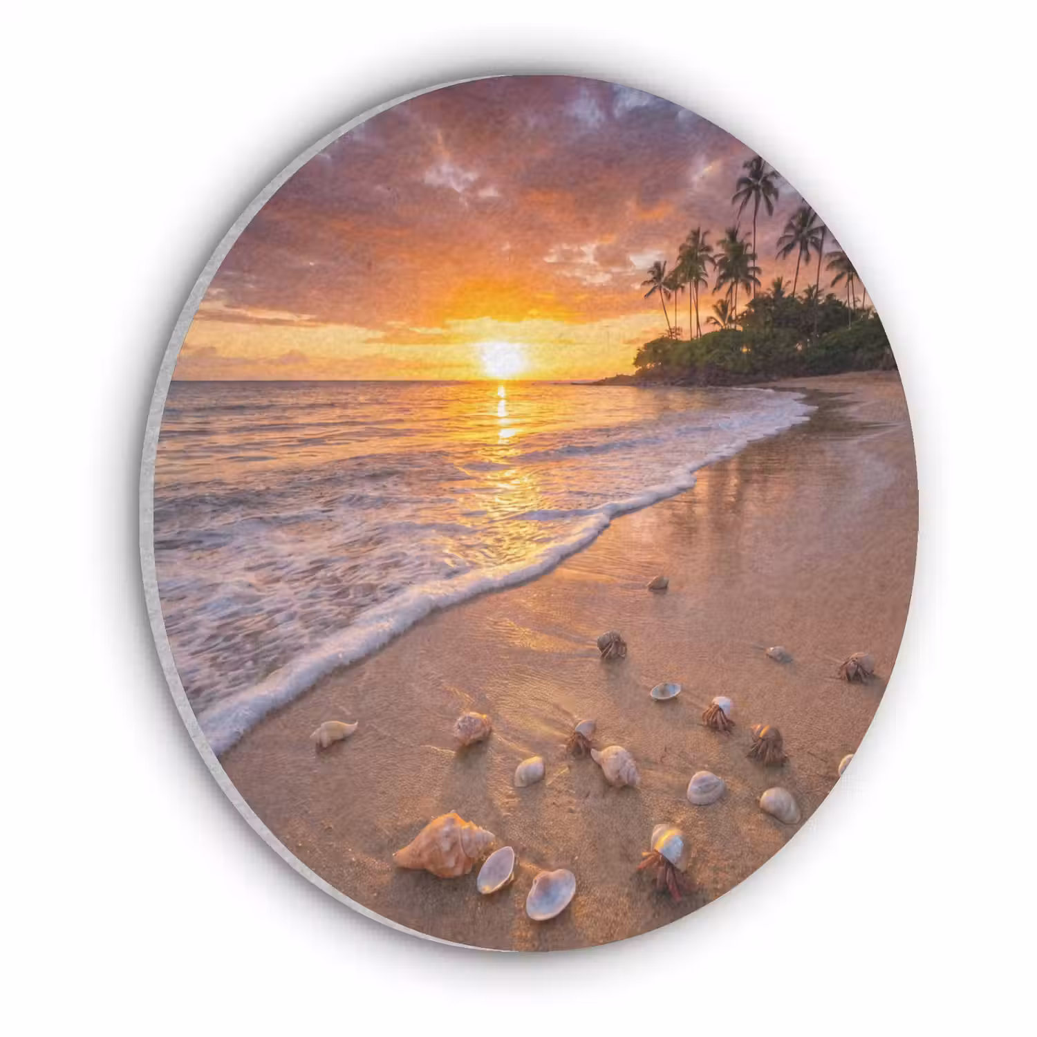 Strand - Zonsondergang - Palmbomen - Natuur - Oranje Akoestische PET Vilt - Rond klein -3d