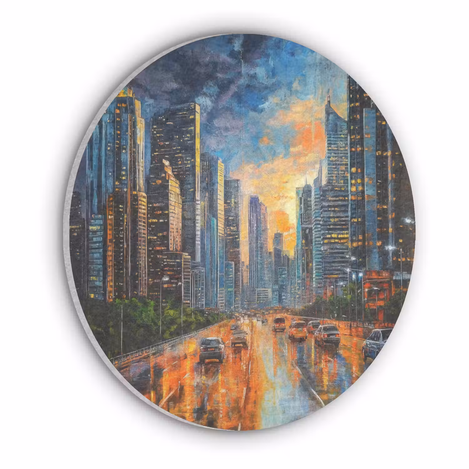 Auto - Skyline - Zon - Blauw Akoestische PET Vilt - Rond klein -3d
