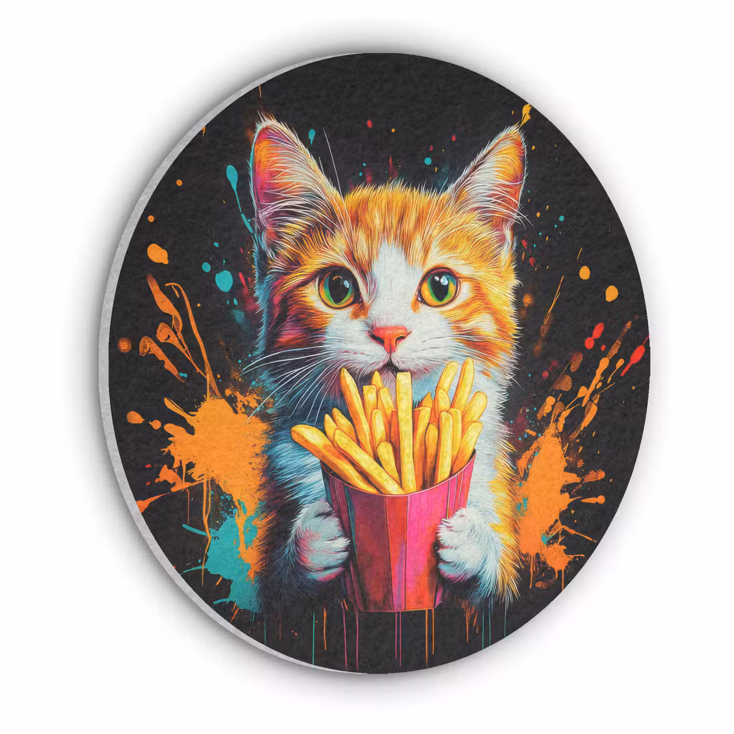 Kat - Eten - Patat - Graffiti - Abstract Akoestische PET Vilt - Rond klein -3d