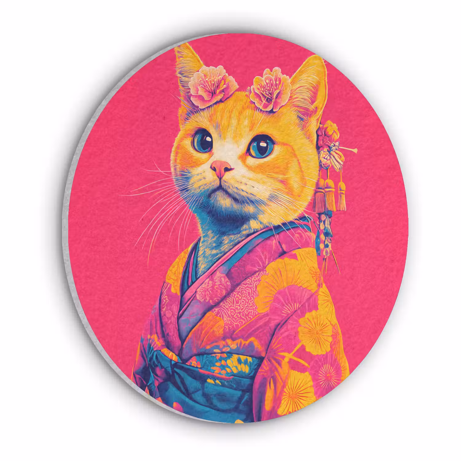 Kat - Kimono - Bloemen - Roze Akoestische PET Vilt - Rond klein -3d