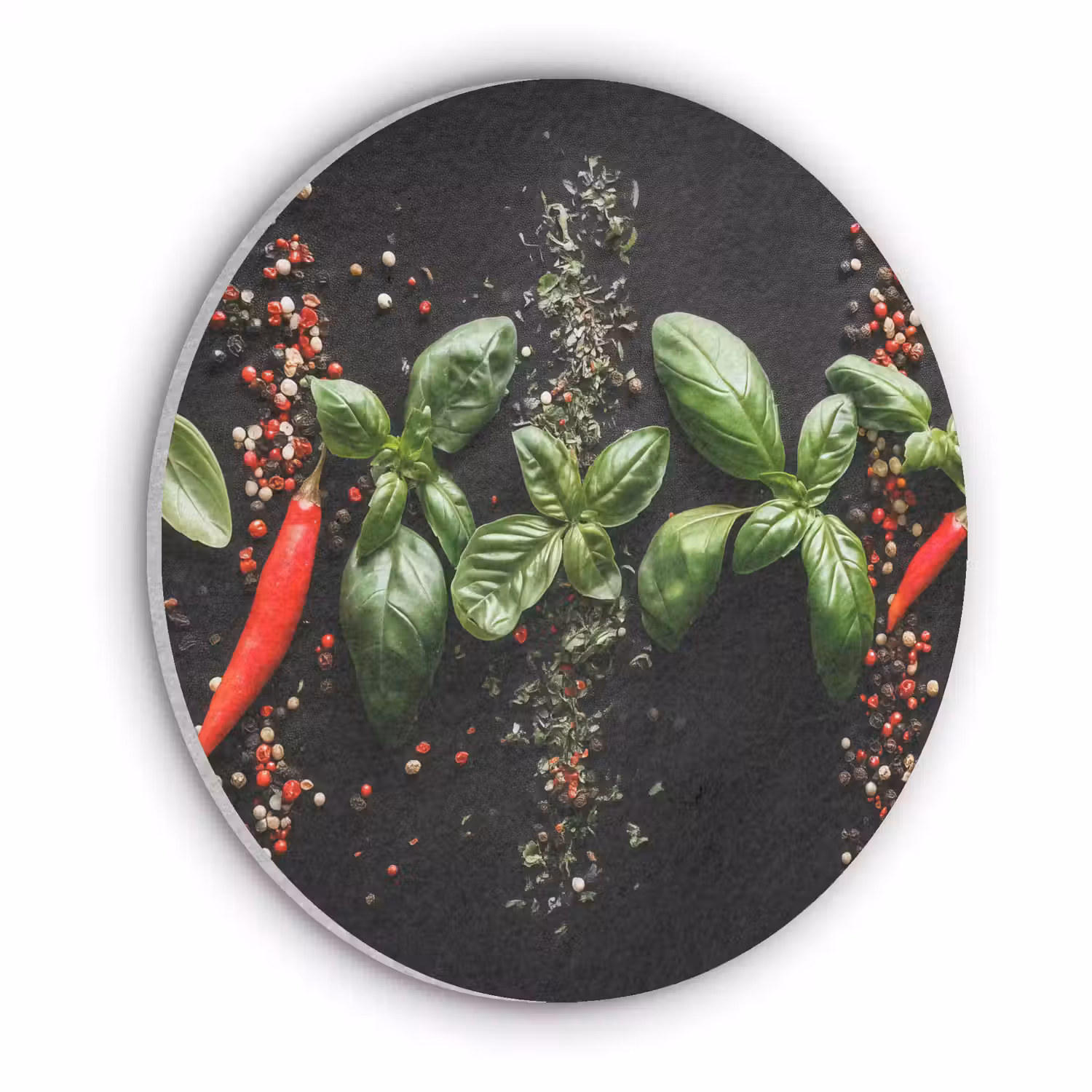 Chilipepers - Basilicum - Blaadjes - Rood Akoestische PET Vilt - Rond klein -3d