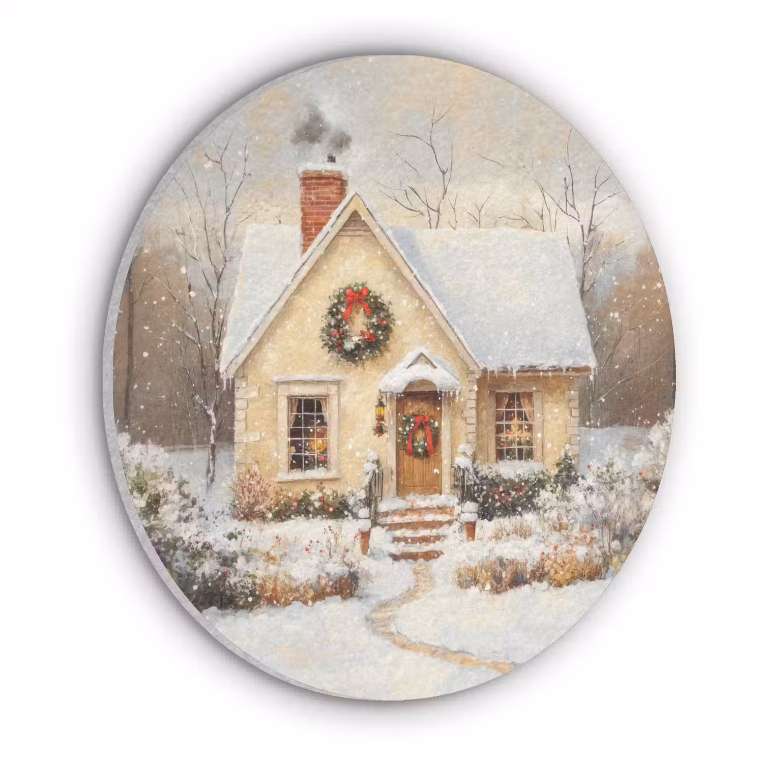 Kerst - Huis - Winter - Sneeuw Akoestische PET Vilt - Rond klein -3d