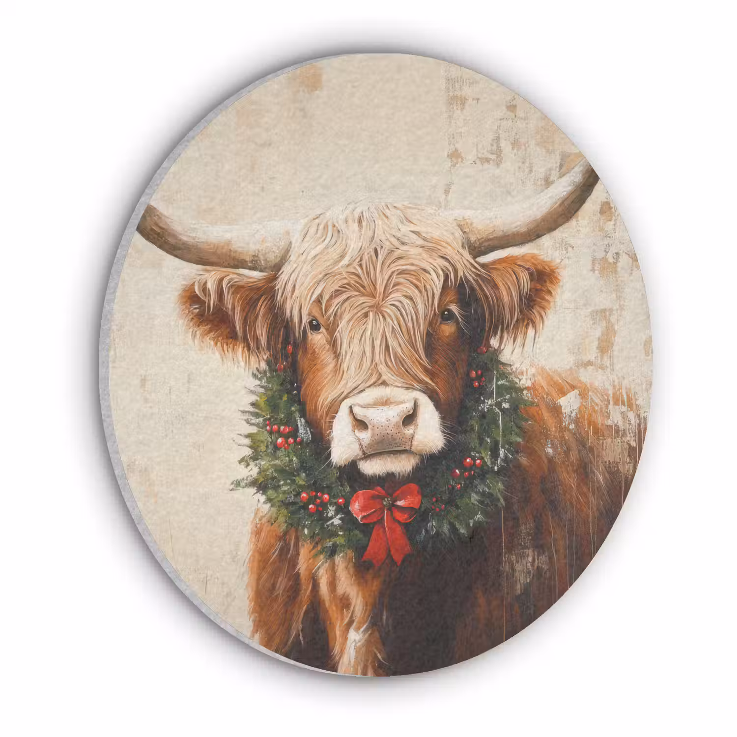 Kerst - Schotse Hooglander - Bruin - Krans Akoestische PET Vilt - Rond klein -3d