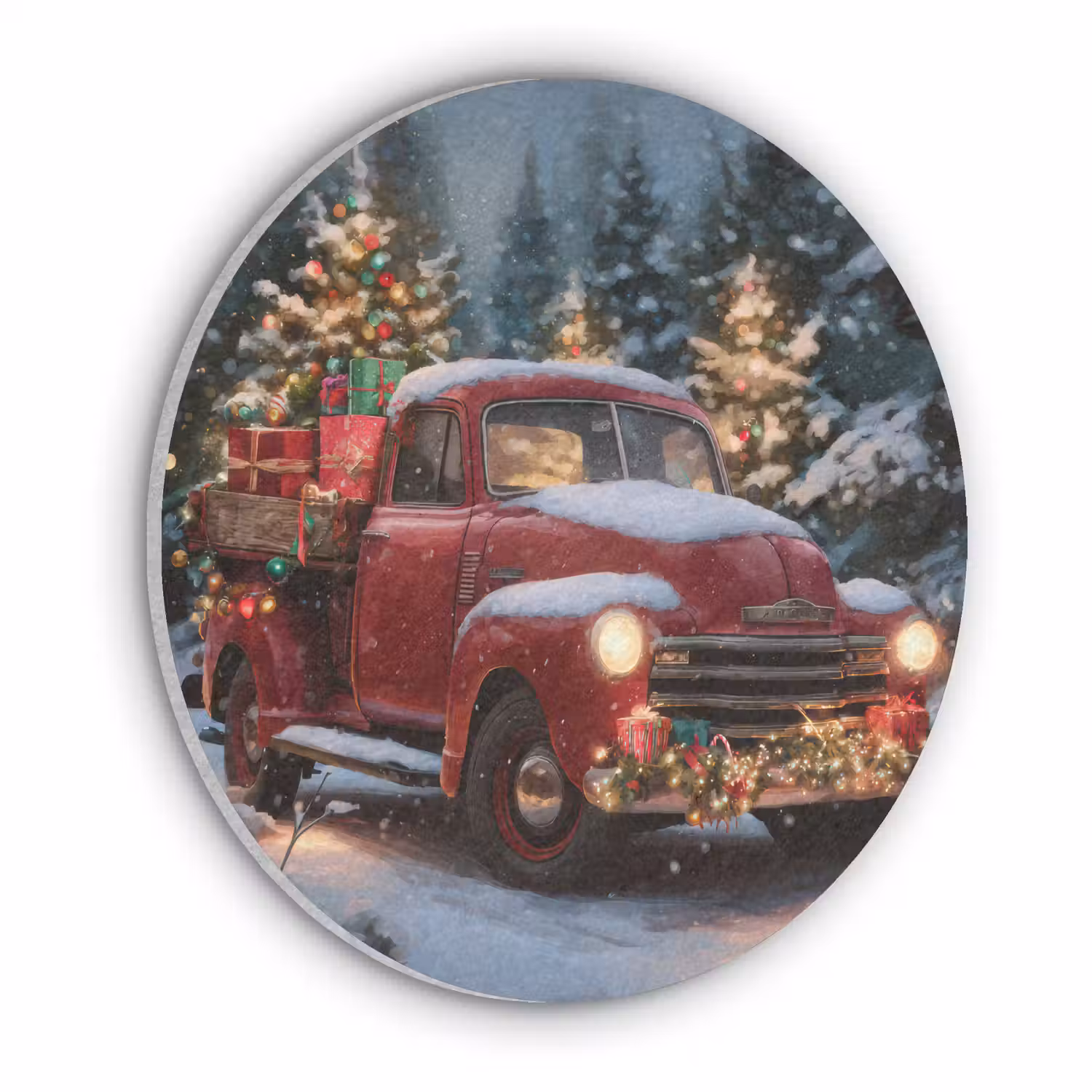 Kersttruck - Sneeuwbos - Rood Akoestische PET Vilt - Rond klein -3d