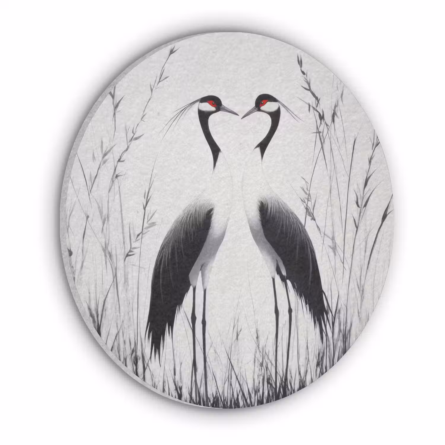 Kraanvogels - Gras - Hartvorm - Zwart Akoestische PET Vilt - Rond klein -3d