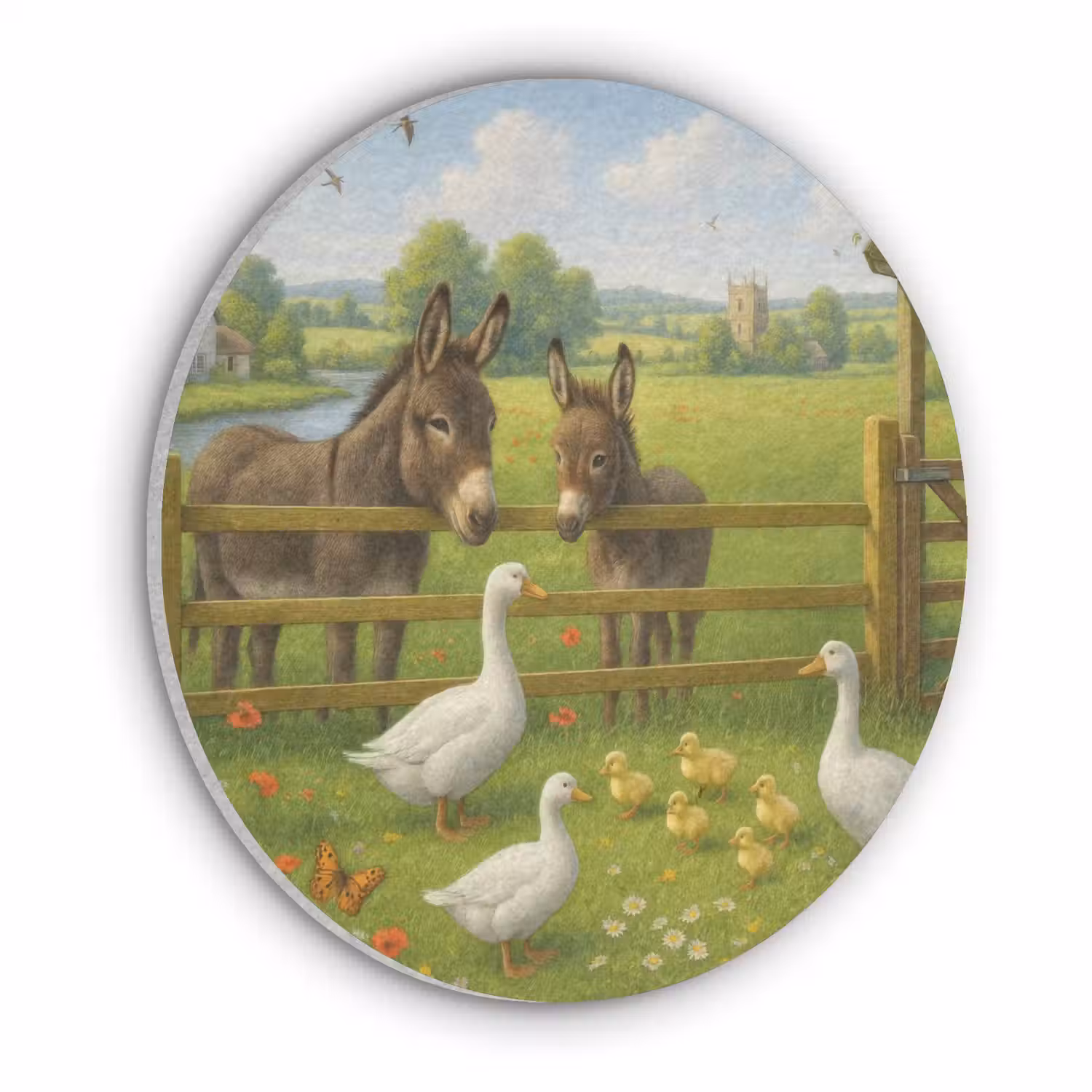 Ezels - Ganzen - Kleurrijk Akoestische PET Vilt - Rond klein -3d