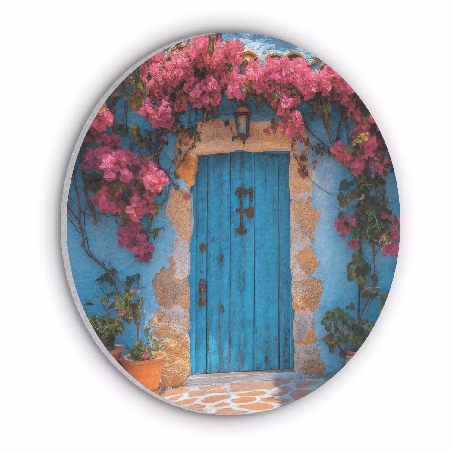 Deur - Hout - Bloemen - Blauw Akoestische PET Vilt - Rond klein -3d