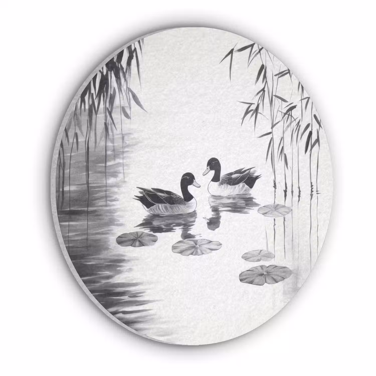 Eenden - Waterlelies - Riet - Zwart Akoestische PET Vilt - Rond klein -3d
