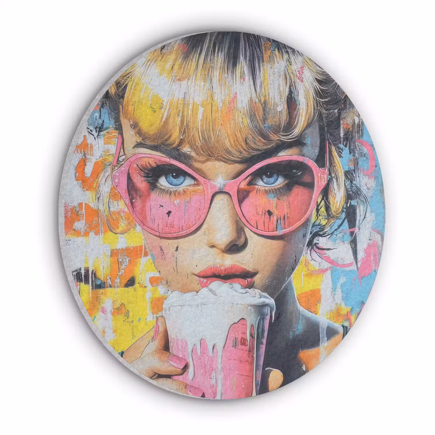 Expressief - Milkshake - Vrouw - Felle kleuren Akoestische PET Vilt - Rond klein -3d