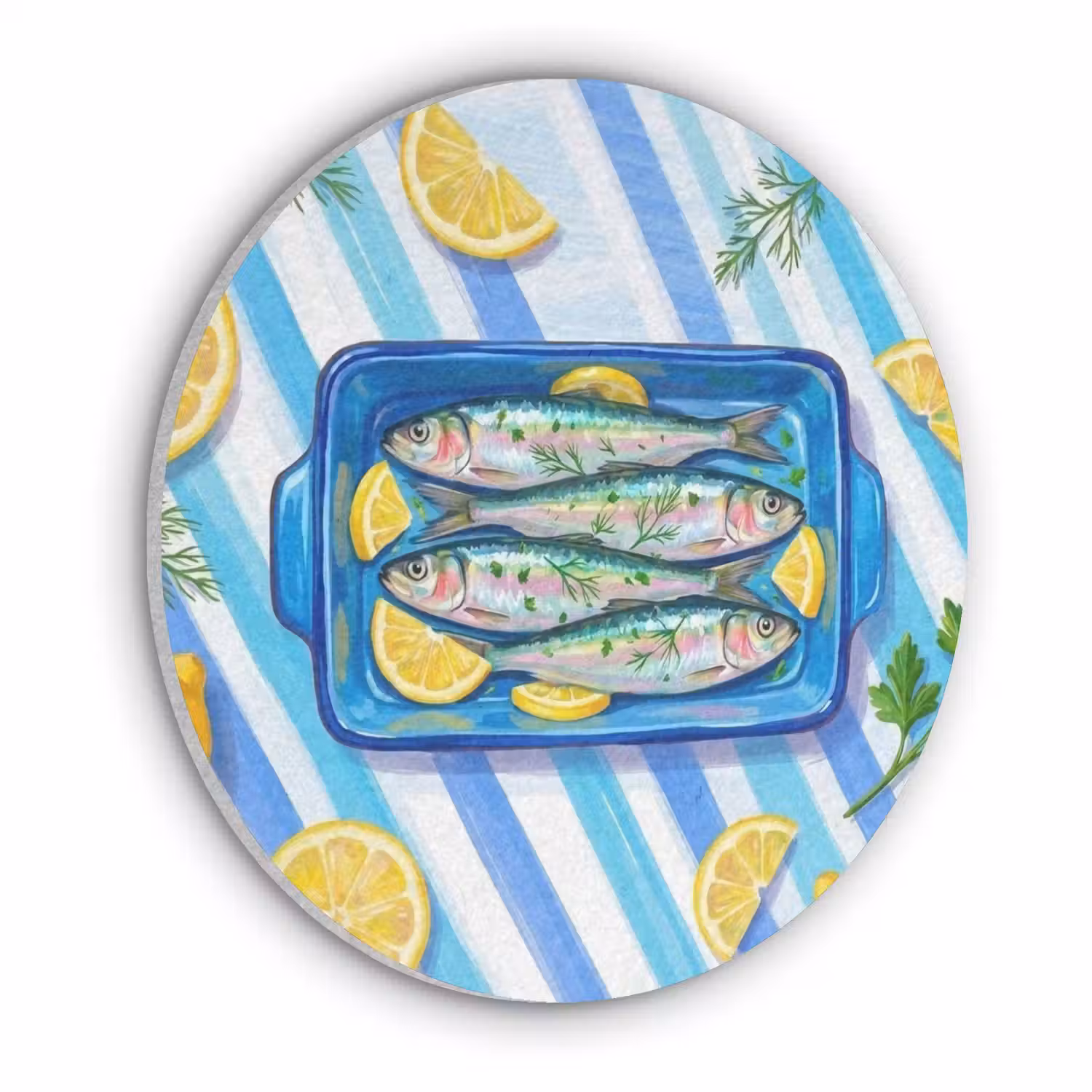 Vis - Citroen - Kruiden - Eten - Blauw Akoestische PET Vilt - Rond klein -3d