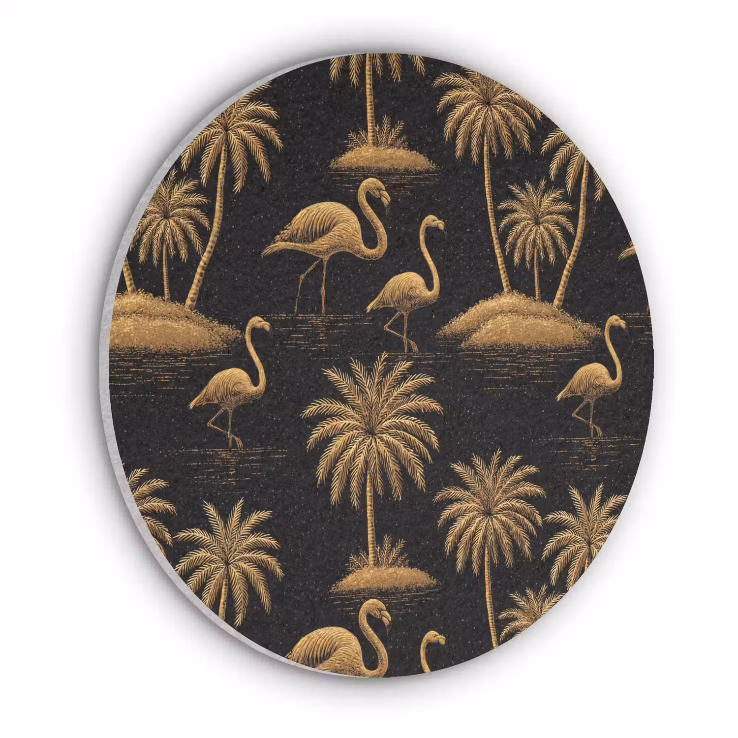 Flamingo - Palmbomen - Tropisch - Goud - Zwart Akoestische PET Vilt - Rond klein 838 -3d
