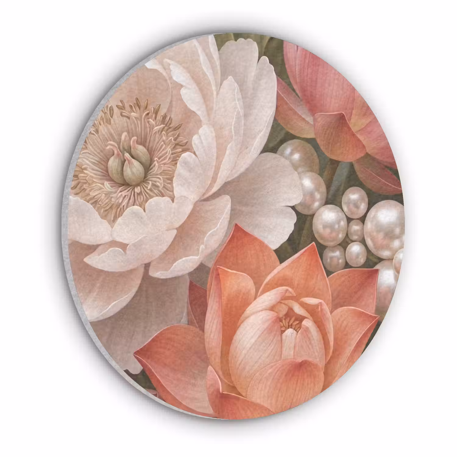 Bloemen - Parels - Elegant - Roze - Wit Akoestische PET Vilt - Rond klein -3d