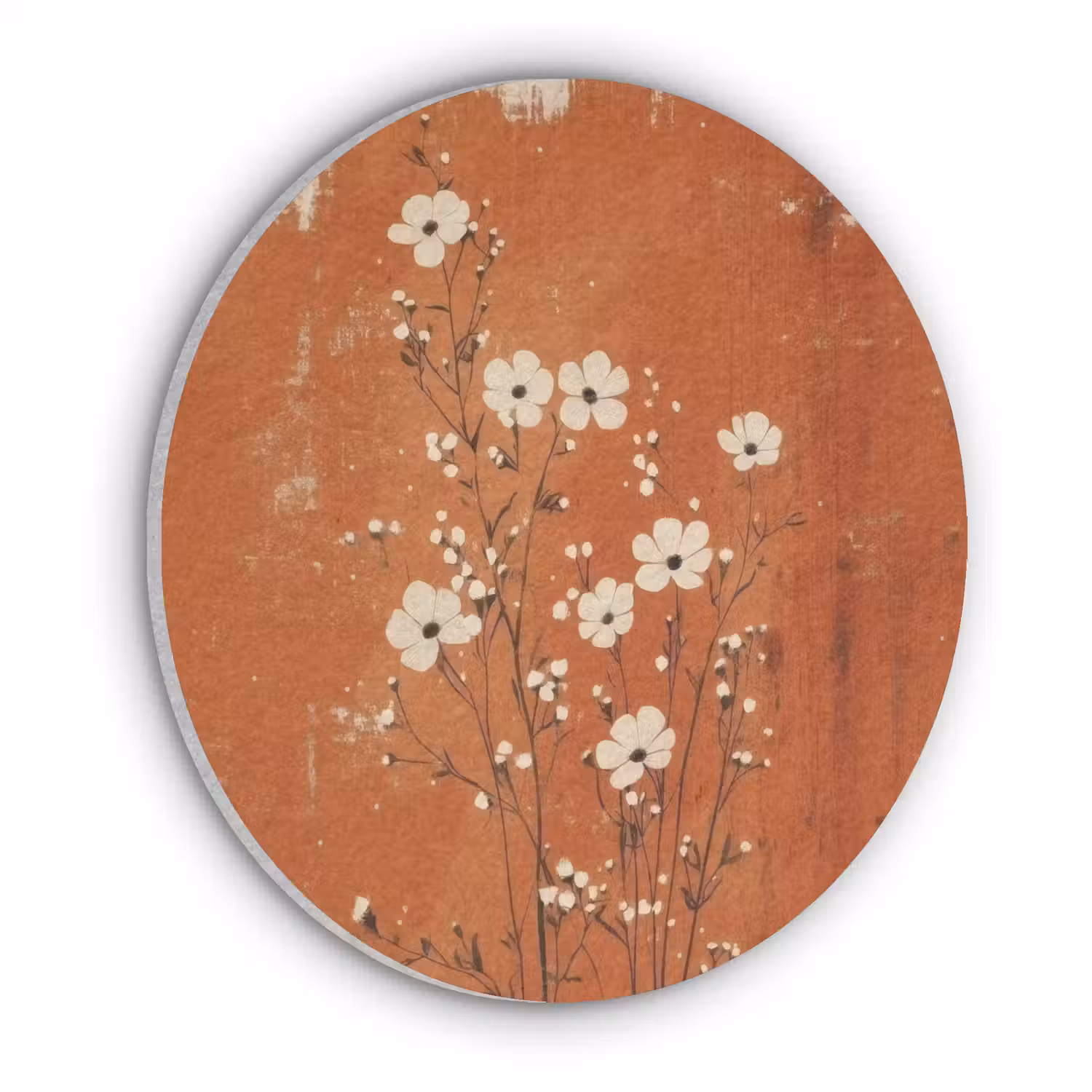 Bloemen - Wit - Subtiel - Roestkleur Akoestische PET Vilt - Rond klein -3d