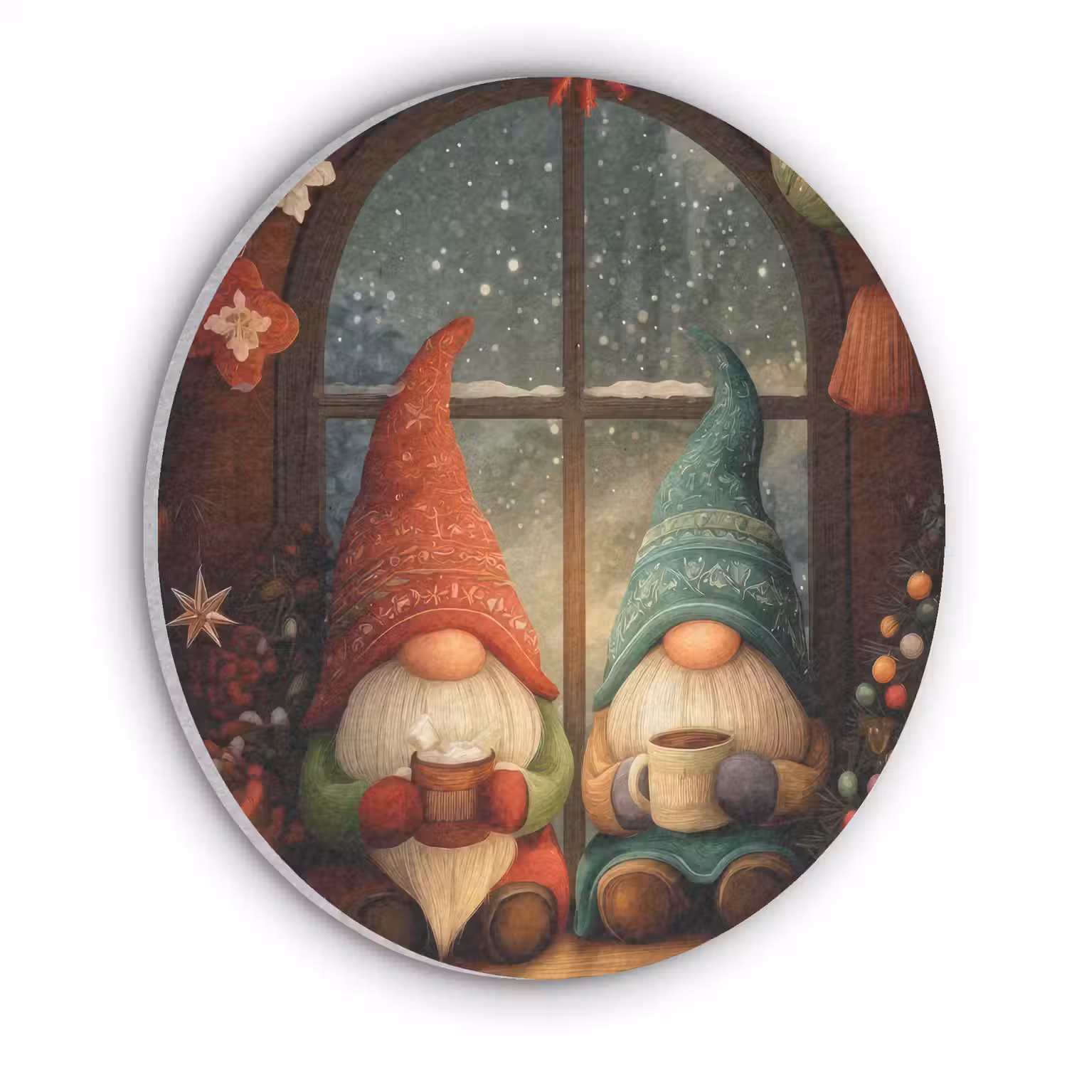Gnooms - Kerst - Raam - Kleurrijk Akoestische PET Vilt - Rond klein -3d