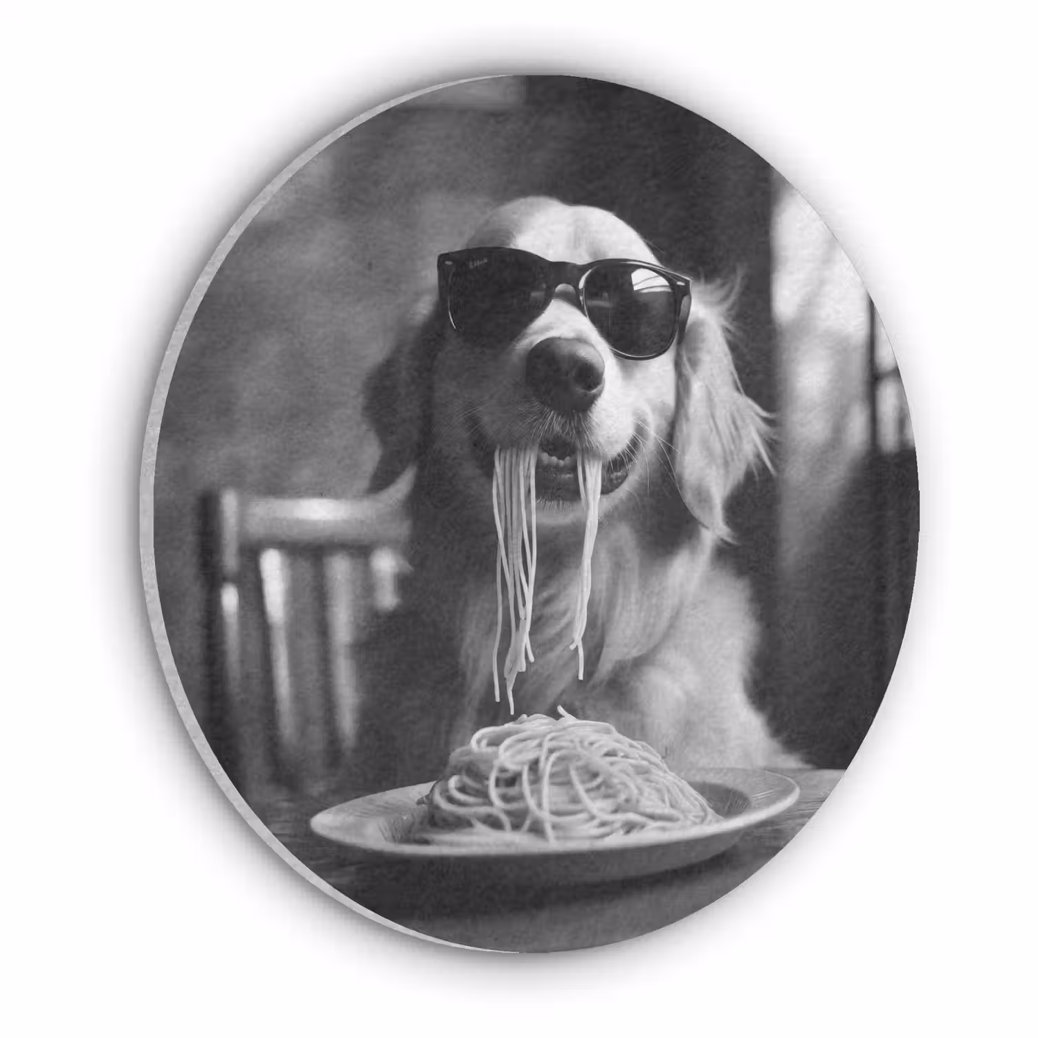 Golden Retriever - Hond - Vrolijk - Bord spaghetti - Zwart - wit Akoestische PET Vilt - Rond klein -3d