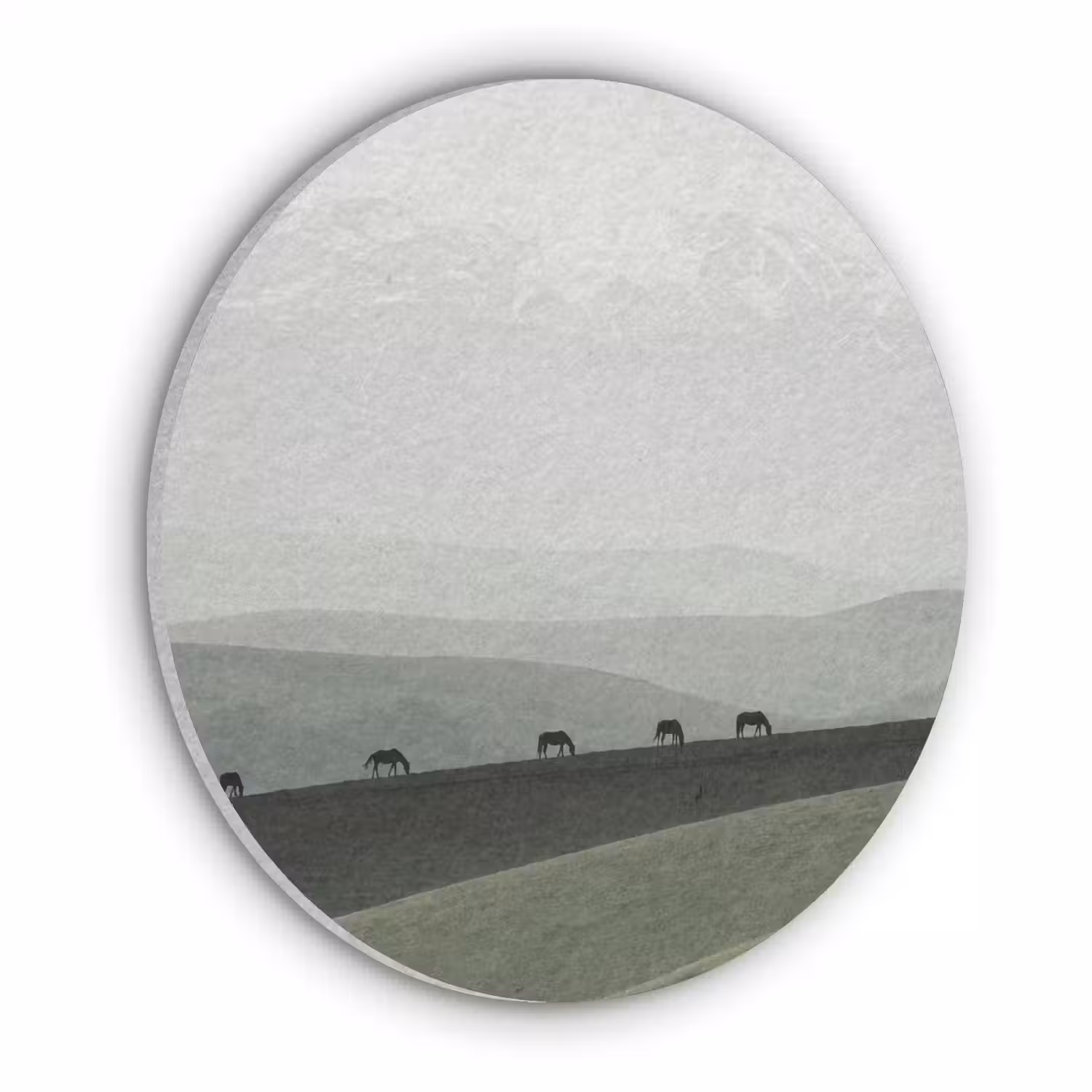 Grijs - Berg - Paarden Akoestische PET Vilt - Rond klein -3d