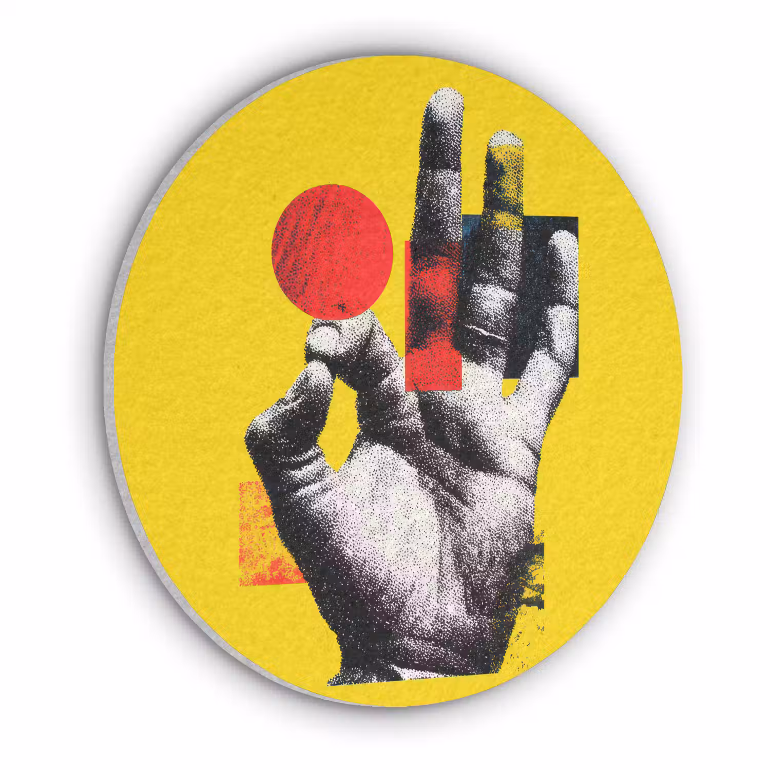 Hand - Rode cirkel - Geel Akoestische PET Vilt - Rond klein -3d