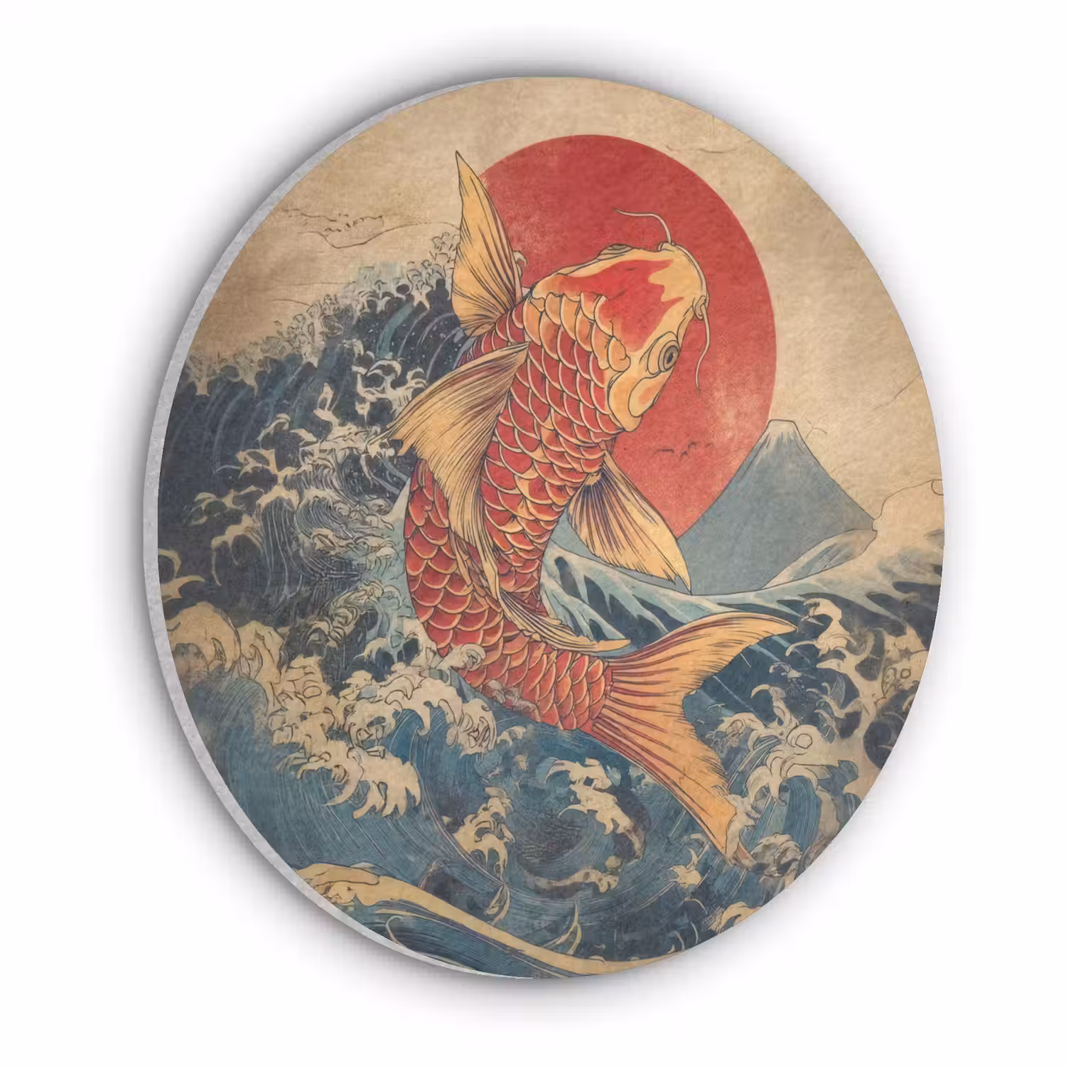 Koi - Zee - Golven - Zon Akoestische PET Vilt - Rond klein -3d