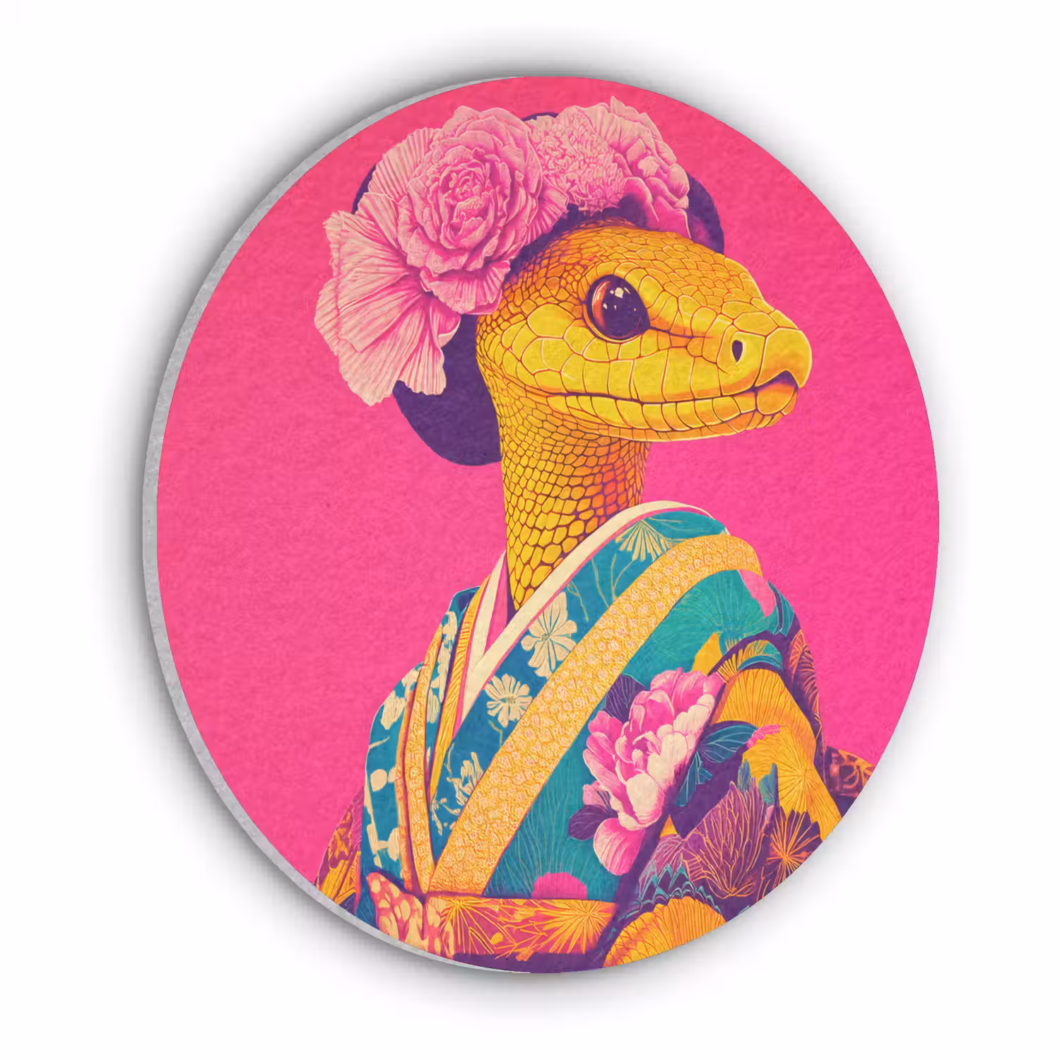 Hagedis - Bloemen - Roze - Kimono Akoestische PET Vilt - Rond klein -3d