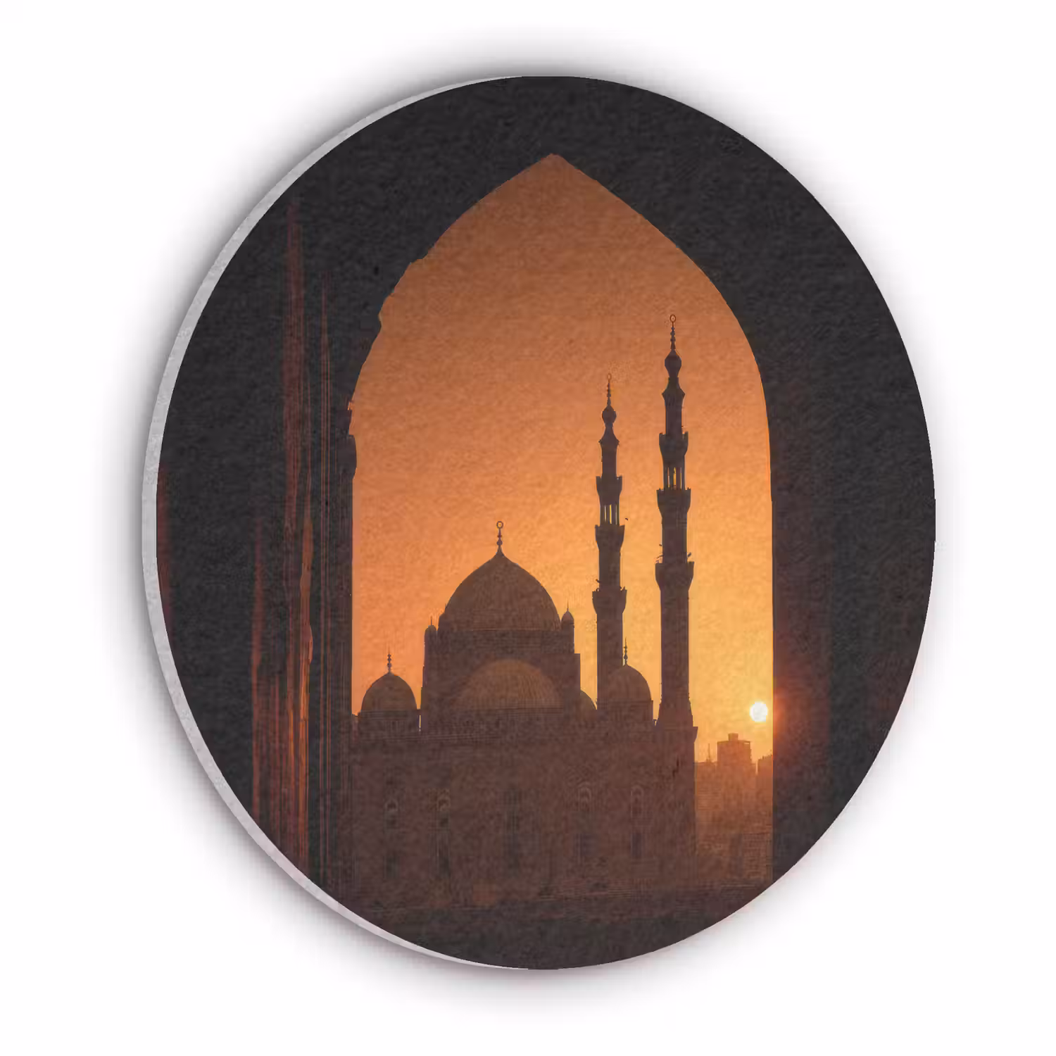 Moskee - Oranje lucht - Islamitisch Akoestische PET Vilt - Rond klein -3d