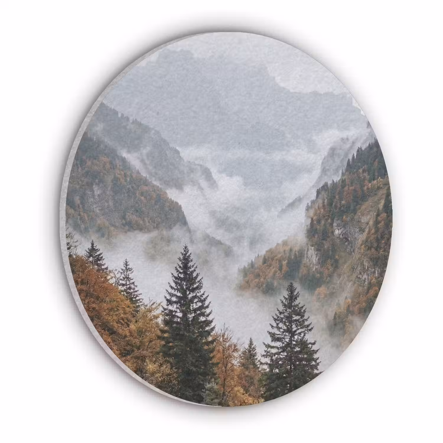 Bergen - Vallei - Mist - Herfst - Natuur Akoestische PET Vilt - Rond klein -3d
