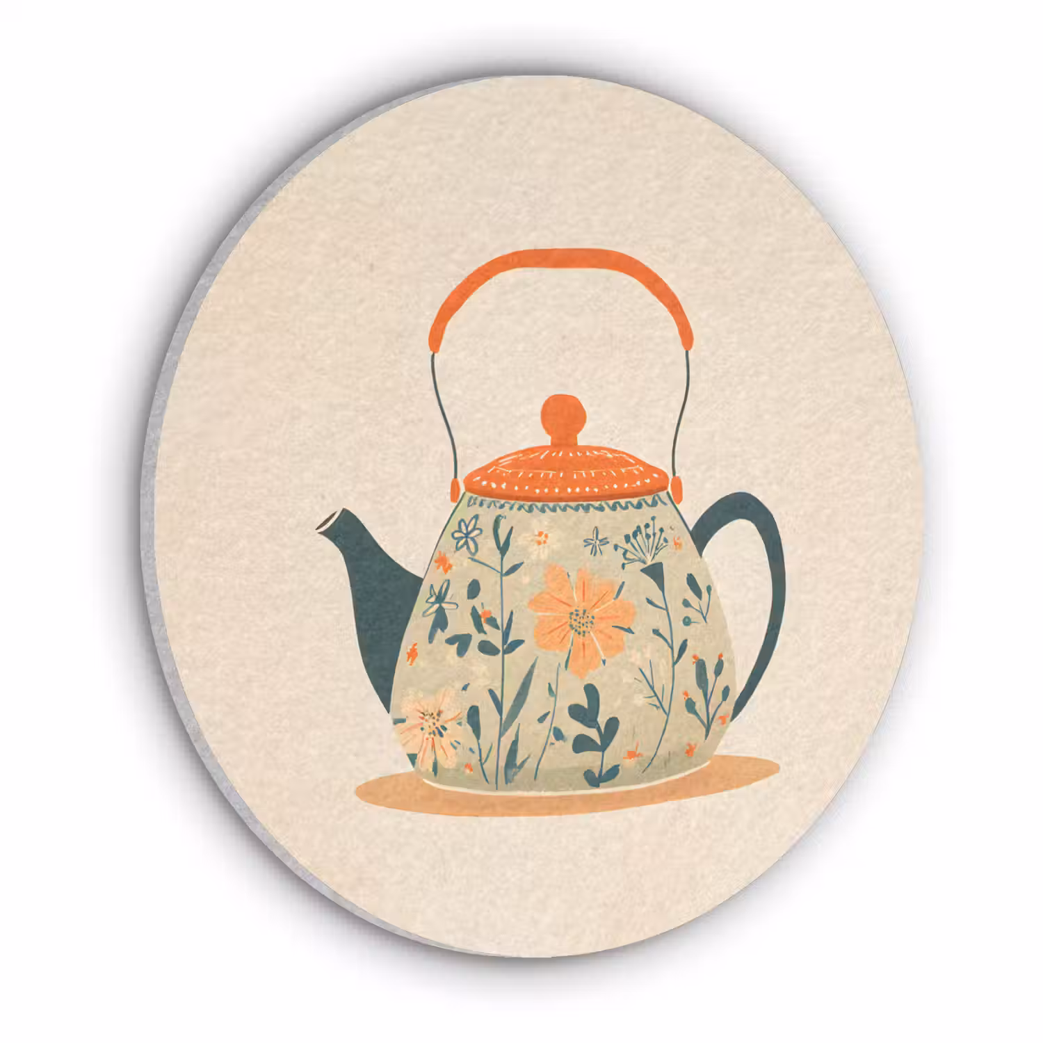 Oranje - Theepot - Bloemen - Bladeren Akoestische PET Vilt - Rond klein -3d