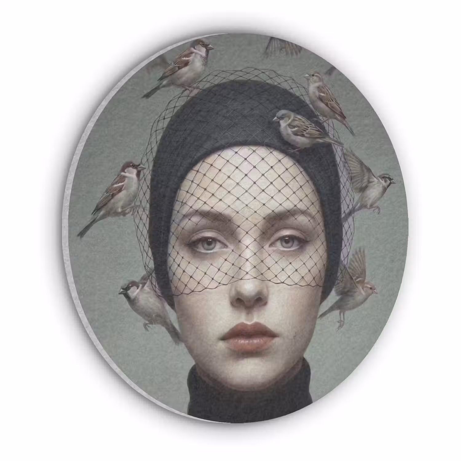 Portret - Vogels - Zwart Akoestische PET Vilt - Rond klein -3d