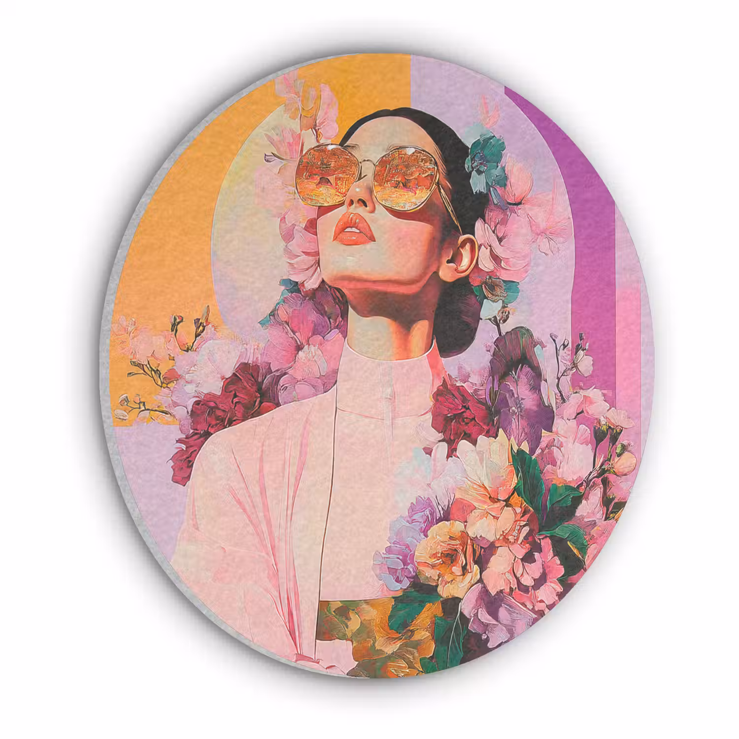 Portret - Vrouw - Abstract - Bloemen Akoestische PET Vilt - Rond klein -3d