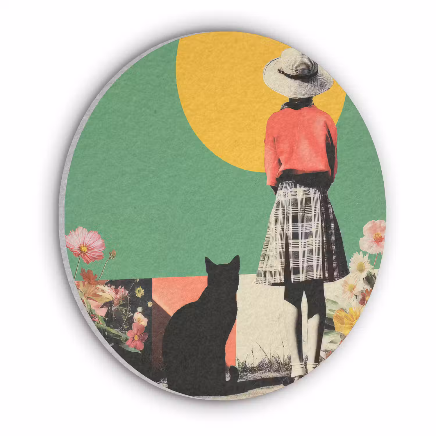 Retro - Meisje - Kat - Zon Akoestische PET Vilt - Rond klein -3d